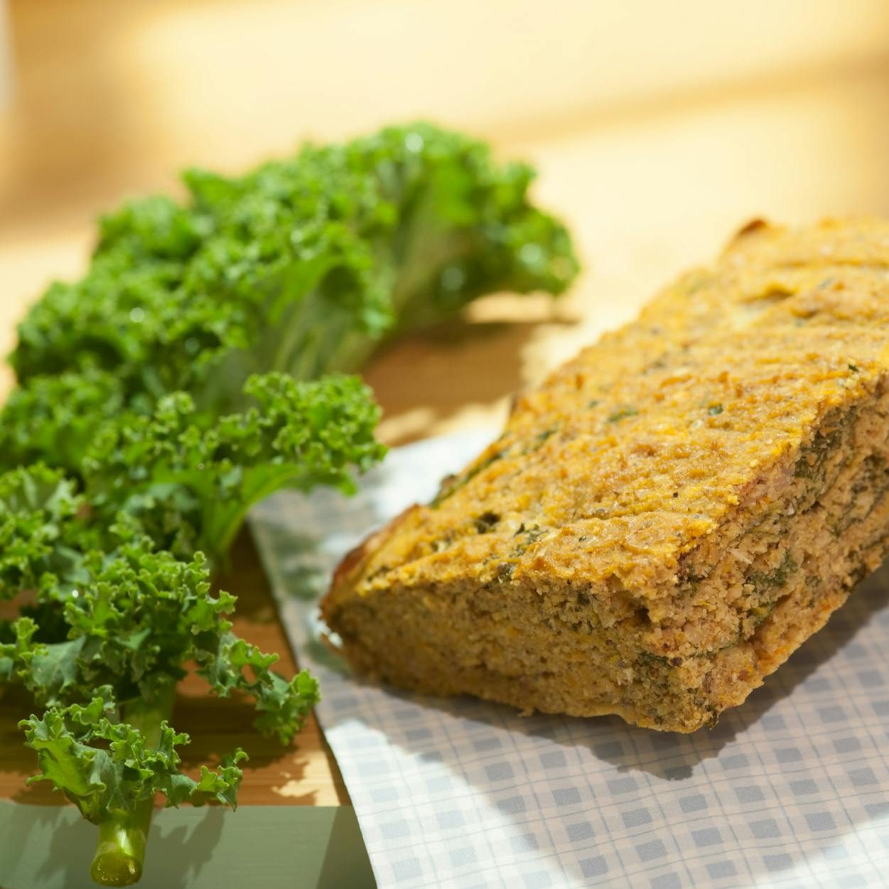 brown cake bar on blue and white checked surface