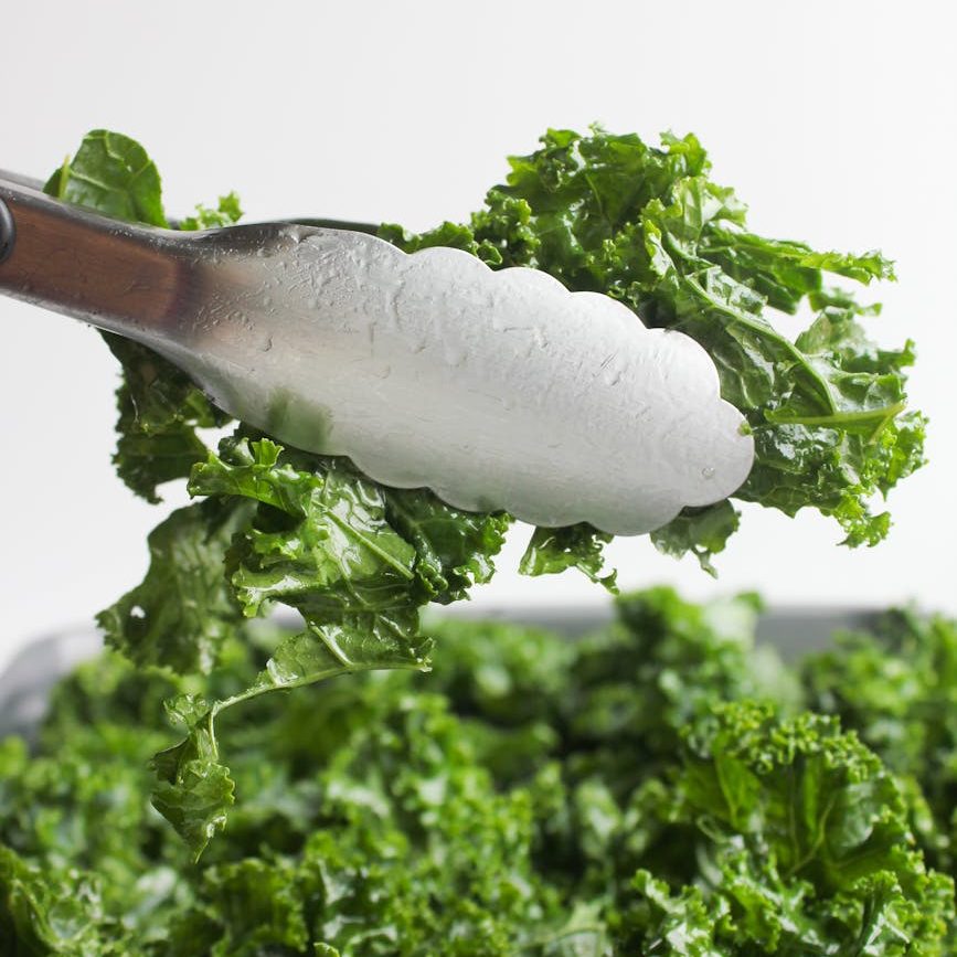 wet tongs picking fresh kale leaves